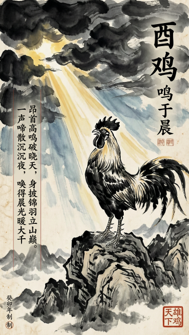 沉郁大气浓墨水墨，雄鸡昂首立于山巅，破晓直射强光冲破暗沉夜色，明暗极致反差，山峦笔法苍劲有力，整体色调沉郁壮阔，古风磅礴意境。文字设计："主标题酉鸡，方正庄重楷书设计字，工整端正、上侧横排；副标题鸣于预览效果