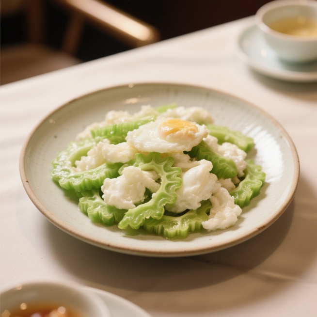 凉瓜炒蛋白菜品，盛放在浅色陶瓷盘中，凉瓜翠绿鲜嫩，蛋白洁白蓬松，色泽鲜亮，餐厅暖光环境，食物细节清晰，写实美食摄影风格预览效果