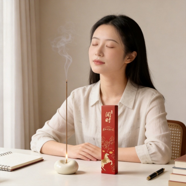 都市女性在书桌前，点燃闻时马上有钱好运香，闭眼享受香气带来的放松时刻，传递治愈感，适合KOL朋友圈、小红书发布预览效果