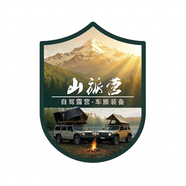 在图片右上角添加太阳光效果，打造日照金山效果，保持原有盾形logo、文字和车辆露营内容不变，仅添加太阳光修改雪山光影预览效果