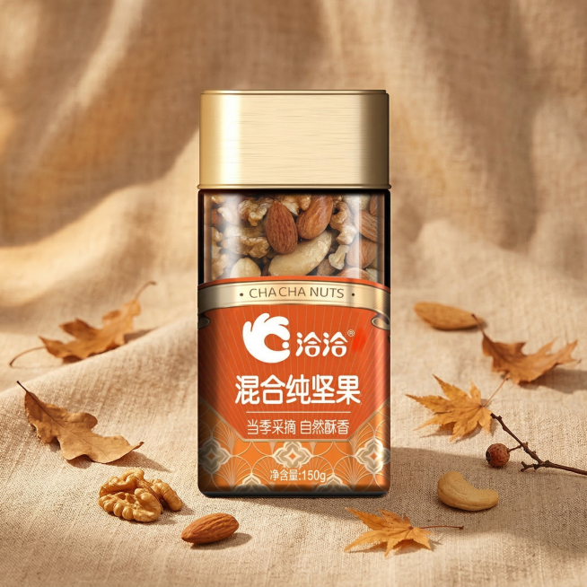 基于提供的洽洽混合纯坚果产品图，生成第二张800*800的温馨暖调电商产品主图，保留原产品包装，不添加任何文案，采用浅棕色亚麻纹理暖背景，搭配几片干树叶点缀，暖柔光影，自然温馨风格预览效果