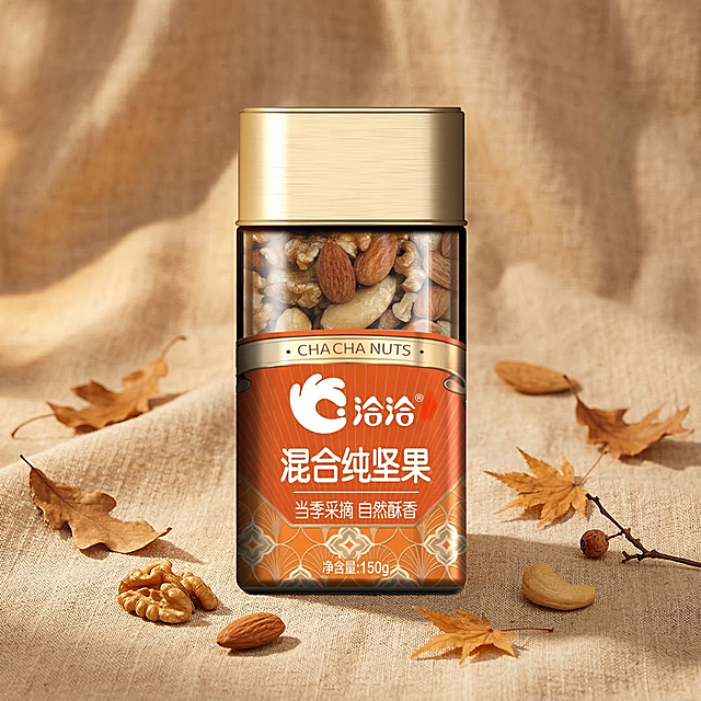 基于提供的洽洽混合纯坚果产品图，生成第二张800*800的温馨暖调电商产品主图，保留原产品包装，不添加任何文案，采用浅棕色亚麻纹理暖背景，搭配几片干树叶点缀，暖柔光影，自然温馨风格
