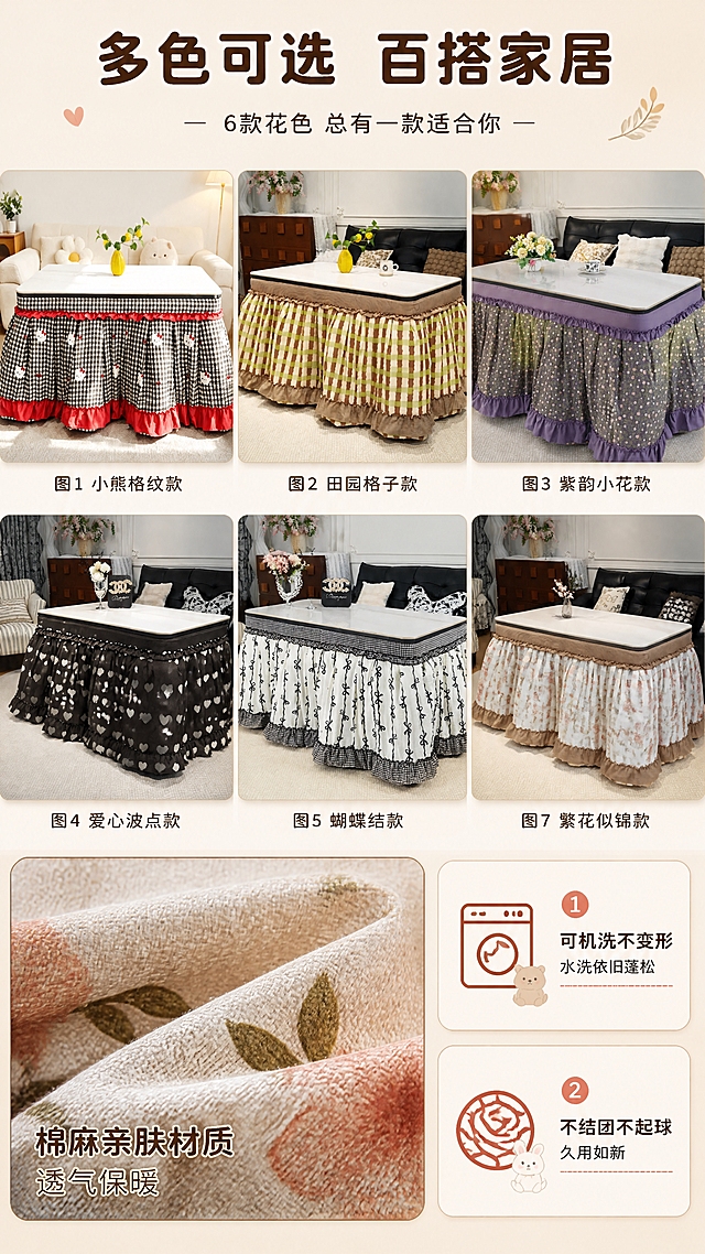 [商品] 使用【图1】【图2】【图3】【图4】【图5】【图7】共6款不同花色烤火被做系列展示；每款保留各自花色图案、颜色、荷叶边设计、裙摆褶皱结构、棉麻材质质感；商品处理：自然理顺每款裙摆垂坠，增强面料纹理细节，统一光影色调，不改变各款花色和版型结构。
[画面] 页面目标：多花色系列展示+材质细节特写，强化选购丰富度与品质感。构图骨架：上半部分2-3款花色并列展示，下半部分左侧棉麻材质微距特写+右侧2个核心卖点深度解读。主体位置：上半区产品矩阵+下半区材质特写。摆放角度：每款正面微侧角度。景别：中景+微距结合。阅读动线：从上至下，花色展示→材质细节→卖点解读。前中后景：上半区统一温馨客厅背景、下半区左侧面料微距（可见棉麻织纹）、右侧信息卡。
[视觉] 套系策略：风格=温馨治愈系家居商业摄影；标题字=圆润粗黑体；正文字=简洁无衬线体；主色=暖米杏+奶咖棕；背景延展=基于暖米杏做深浅层级、同色渐变和细腻织物/木纹质感；强调色=暖砖红，仅用于小面积图标、引线和标签点缀；标题色=深咖棕；正文色=中暖灰；组件=圆角浅底信息卡、细线引线、软萌图标；光影=左前侧暖柔光，窗边自然光感。
[文字] 顶部主标题：多色可选 百搭家居；副标题：6款花色 总有一款适合你；下半区左侧材质特写配文：棉麻亲肤材质 透气保暖；右侧2个卖点：①可机洗不变形 水洗依旧蓬松 ②不结团不起球 久用如新；文字均为横排，位于信息卡内或留白处，不遮挡产品主体。
[规格] 图片比例9:16竖版，4K分辨率，负向提示：避免变形、错字、文字过小、冷蓝/冷灰背景、产品颜色改变、版型失真、极限词、二维码、水印、花色混淆。