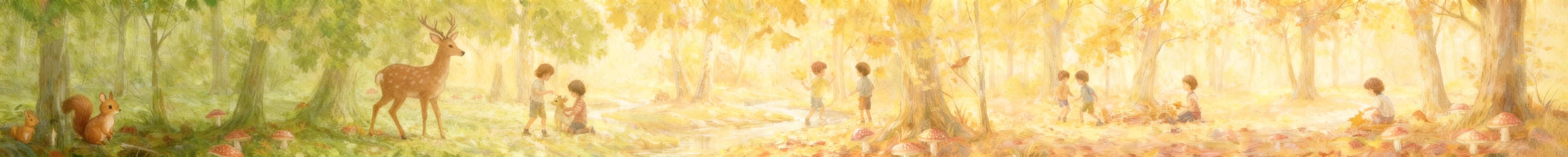 进一步降低画面整体鲜艳程度，调整绿色到黄色的色彩过渡，让季节渐变更自然柔和，保持低饱和莫兰迪色调和10:1比例，保留调整好的松鼠和小鹿尺寸比例预览效果