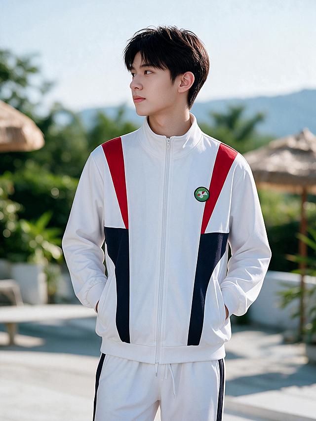 保持参考图中男模特的面容（黑色蓬松短发，清秀俊朗）和服装（白色拉链夹克：红肩条纹、藏青弧形拼块、绿圆校徽；白色黑条纹长裤）以及户外露台背景（白墙、绿植、茅草伞、远山虚化、自然日光）不变，改为半身构图，模特侧脸望向左边，表情平静自然，清新学院风，电商服装实拍，高清写实，细节清晰