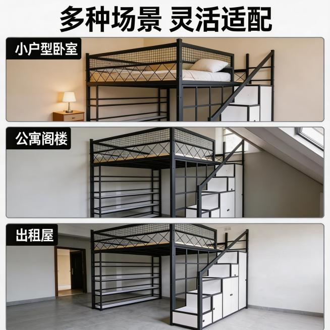 基于原图，产品外观保持与原图一致，生成铁艺高架床第四张主图，展示多场景适配，采用上下三宫格拼图布局，展示这款高架床在不同户型场景：小户型卧室、公寓阁楼、出租屋三个场景，每个场景一张小图，保持产品本身结预览效果