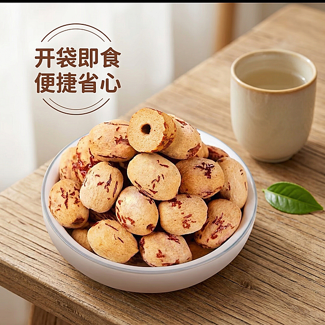 严格保留原有去皮去核枣的外观特征：浅米黄色枣肉带有深红色纹理，中空无核，保持产品样子完全不变。场景体验展示，干净浅色陶瓷碗里盛放去皮去核枣，放置在温馨原木餐桌，旁边搭配一片绿叶和浅色陶瓷水杯，营造自然健康的家居食用氛围，左侧悬浮文案"开袋即食 便捷省心"，保持舒适简约治愈风格，光影和前三张主图统一。