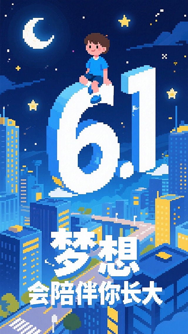 像素风插画，数字6.1漂浮在空中，数字6上面坐着小朋友，背景是夜间月亮星星，脚下是城市，营造幻想氛围，整体色彩丰富明亮，文案“梦想 会陪伴你长大