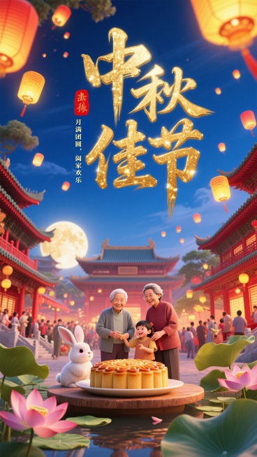 国潮插画风，闪光金色字“中秋佳节”大字是书法体，底色红色印章小字”月满团圆，阖家欢乐“。有宫殿，古建筑，月饼，兔子，古代一家人有老人小孩子，荷花荷叶的元素，灯笼高斯模糊+动感模糊。色彩保和明亮，字体闪预览效果