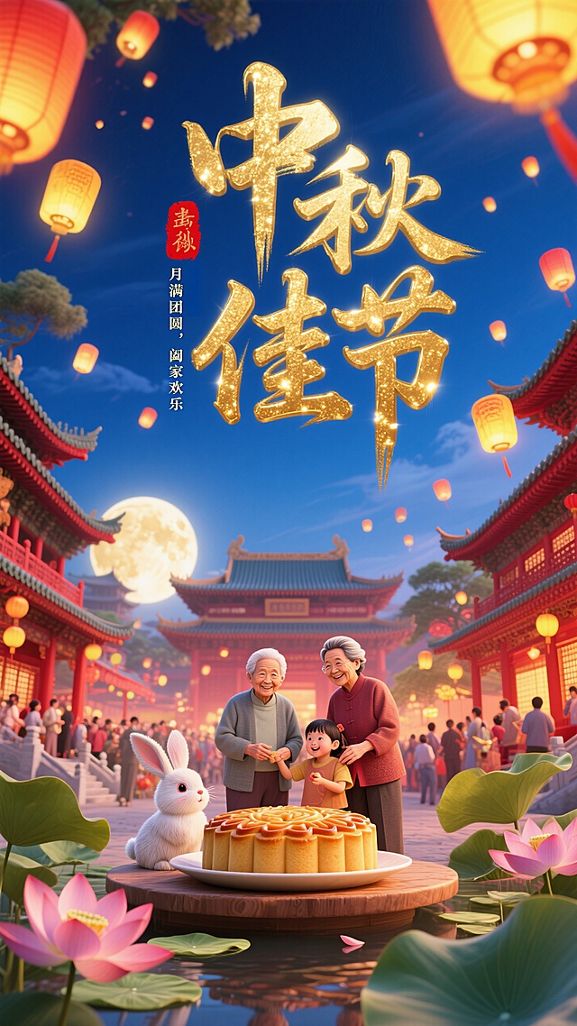 国潮插画风，闪光金色字“中秋佳节”大字是书法体，底色红色印章小字”月满团圆，阖家欢乐“。有宫殿，古建筑，月饼，兔子，古代一家人有老人小孩子，荷花荷叶的元素，灯笼高斯模糊+动感模糊。色彩保和明亮，字体闪金，整体画面宏大灵动，整体氛围是热闹喜庆，有宏大的背景。背景色调以青蓝色为主，铺助色要红色+黄色，