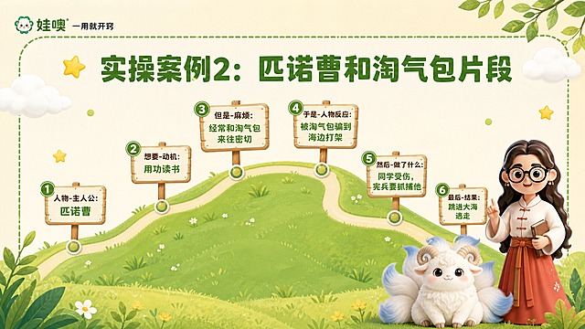 A4横版儿童教育PPT页面，清新杏色和绿色可爱风格，浅杏色背景，绿色叶子装饰，白色云朵，黄色星星点缀，圆角虚线边框。左上角有"娃噢 一用就开窍"品牌logo。页面大标题为"实操案例2：匹诺曹和淘气包片段"，绿色粗体大字。中间展示一个故事山图形，沿山路有6个节点路牌，分别填写匹诺曹案例内容：1.人物-主人公：匹诺曹；2.想要-动机：用功读书；3.但是-麻烦：经常和淘气包来往密切；4.于是-人物反应：被淘气包骗到海边打架；5.然后-做了什么：同学受伤，宪兵要抓捕他；6.最后-结果：跳进大海逃走。故事山用绿色草地山丘风格，节点用木牌样式。页面右下角放置穿白色中式盘扣上衣红色裙子戴黑框眼镜棕色长卷发的3D卡通女老师和白色九尾羊有螺旋羊角尾巴尖带淡蓝色的毛绒神兽形象。底部有绿色草地和叶子装饰。整体风格清新可爱，案例清晰，A4横向比例，儿童教育主题，故事山实操案例