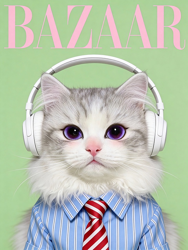 拟人风猫咪身着条纹衬衫与红白领带，佩戴耳机，梦幻紫瞳与毛发生长细节展现可爱感，杂志风封面设计融合时尚感与动漫元素。