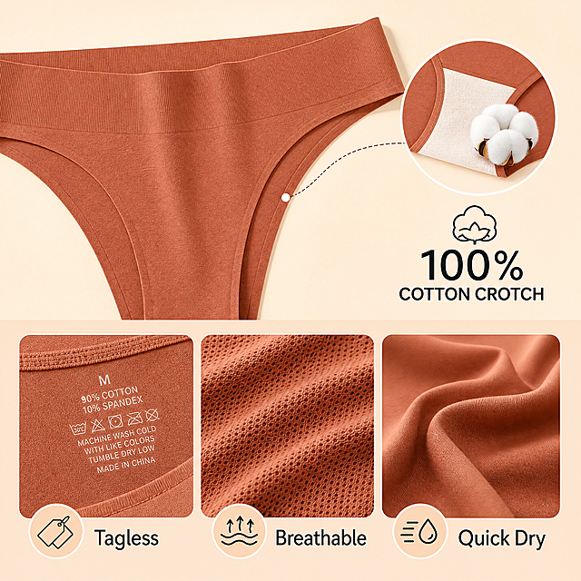 Amazon detail feature card for seamless thong underwear, square 1:1 format. Top section shows a close-up of soft terracotta brown seamless underwear waistband laid flat on warm cream background, with a circular magnified inset on the right showing cotton flower icon and text 100 percent COTTON CROTCH below. Bottom section has three square detail panels evenly spaced with rounded corners. Left panel shows tagless printed care label inside underwear, label reads Tagless. Middle panel shows breathable mesh fabric close-up, label reads Breathable. Right panel shows smooth fabric drape with gentle folds, label reads Quick Dry. Warm light peach background, minimalist premium aesthetic, all text in English, clean modern typography. Soft natural lighting, commercial product photography style, high-end Amazon listing look. Color palette: warm cream, terracotta, soft peach, black text.