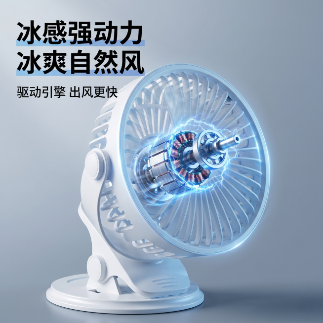 [主图 3] 夹式风扇核心动力卖点主图；
[氛围风格] 科技冷感，专业品质，突出性能；
[画质] 商业摄影质感，光线对比清晰，产品结构清晰真实，画面干净高级；
[元素] 展示风扇内部电机结构透视效果，预览效果