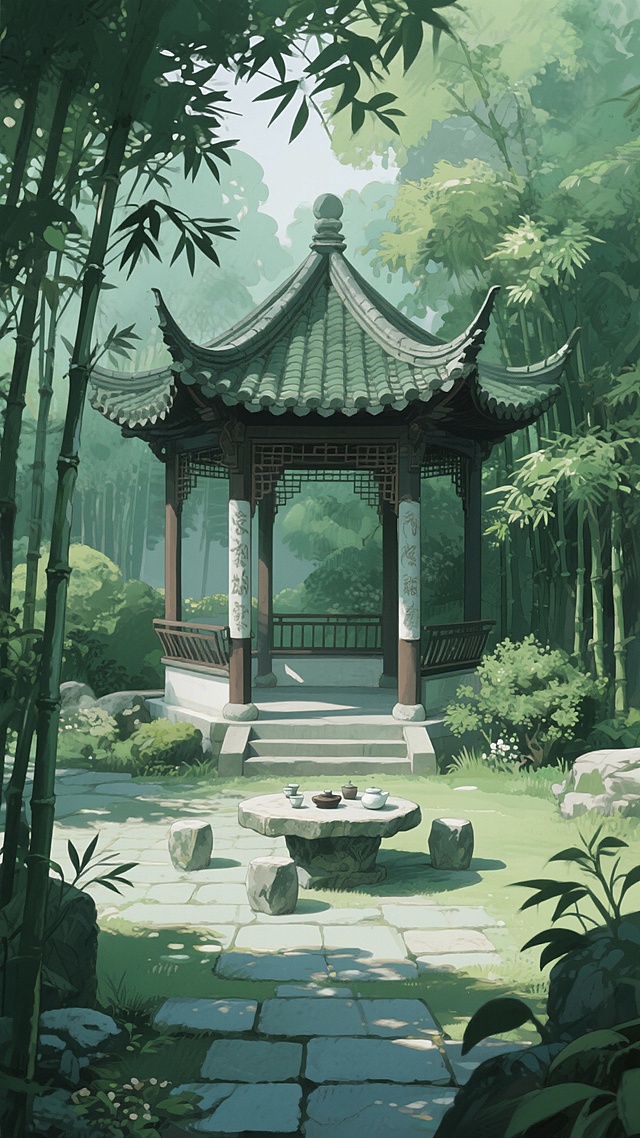 古风，绿色，庭院亭子，不要人，二次元，细节丰富，生成4张
