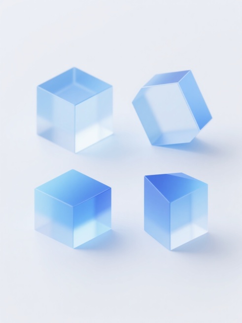 简约现代风格科技感设计，纯白纯色背景，四个规整排布的几何立体素材，采用渐变蓝与透明感的3D立方体、六面体等不同科技感几何元素，保持平滑的边缘过渡和微妙的光影渐变效果，整体造型简洁明快，无任何文字、logo和水印。预览效果