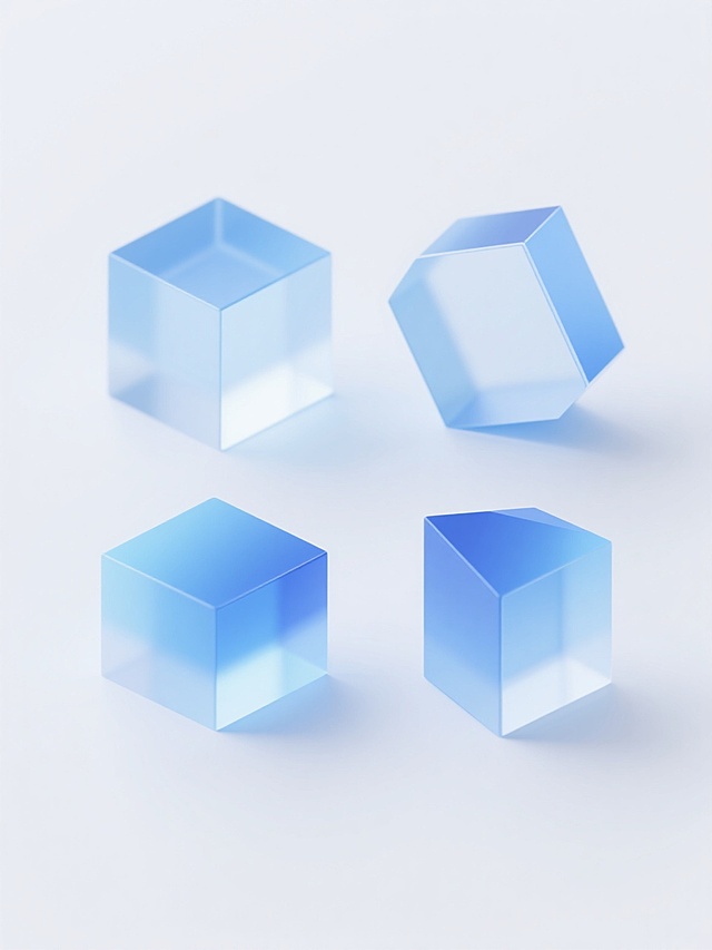 简约现代风格科技感设计，纯白纯色背景，四个规整排布的几何立体素材，采用渐变蓝与透明感的3D立方体、六面体等不同科技感几何元素，保持平滑的边缘过渡和微妙的光影渐变效果，整体造型简洁明快，无任何文字、logo和水印。