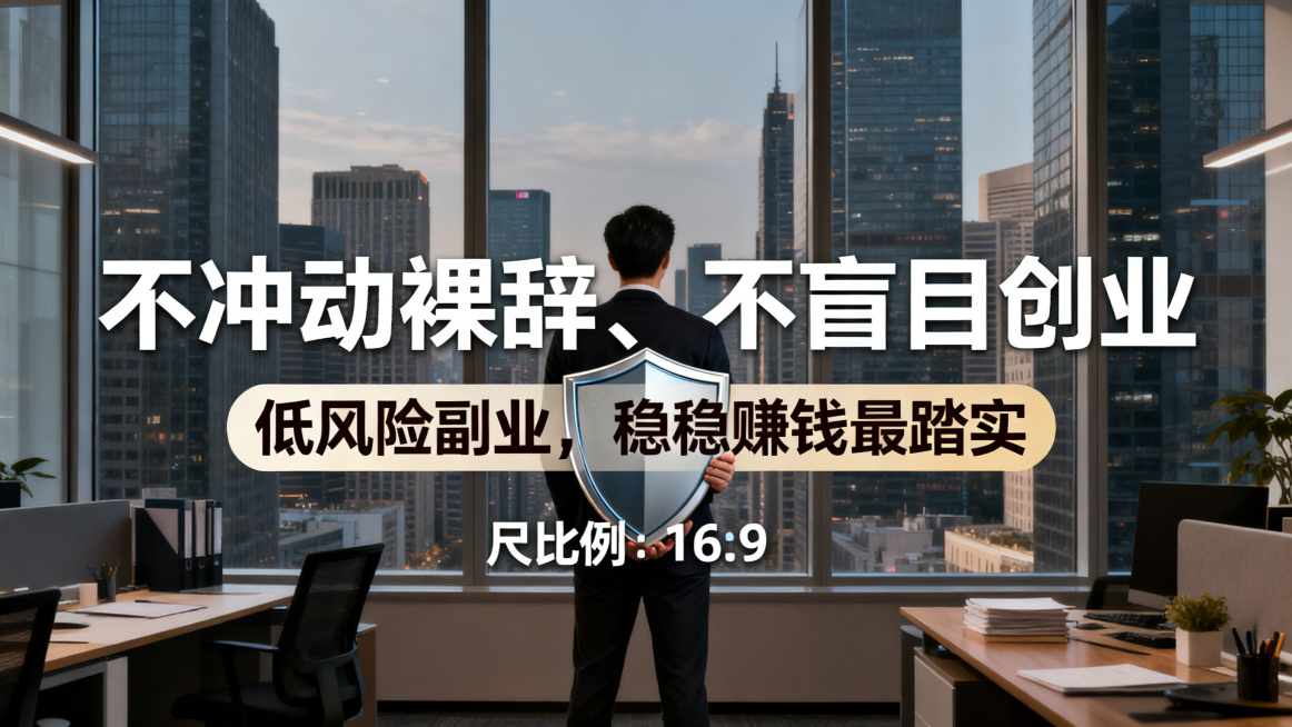 低风险副业宣传海报，主标题："不冲动裸辞、不盲目创业"，副标题："低风险副业，稳稳赚钱最踏实"，城市高楼窗外背景，坚定的职场人站在办公室，稳重风格，主副标题清晰分明，字体醒目，排版舒适，尺寸比例16:预览效果