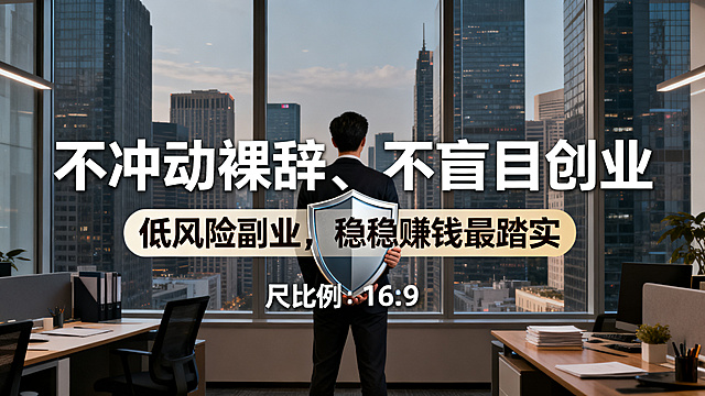 低风险副业宣传海报，主标题："不冲动裸辞、不盲目创业"，副标题："低风险副业，稳稳赚钱最踏实"，城市高楼窗外背景，坚定的职场人站在办公室，稳重风格，主副标题清晰分明，字体醒目，排版舒适，尺寸比例16:9，画面元素包含安全感盾牌元素。