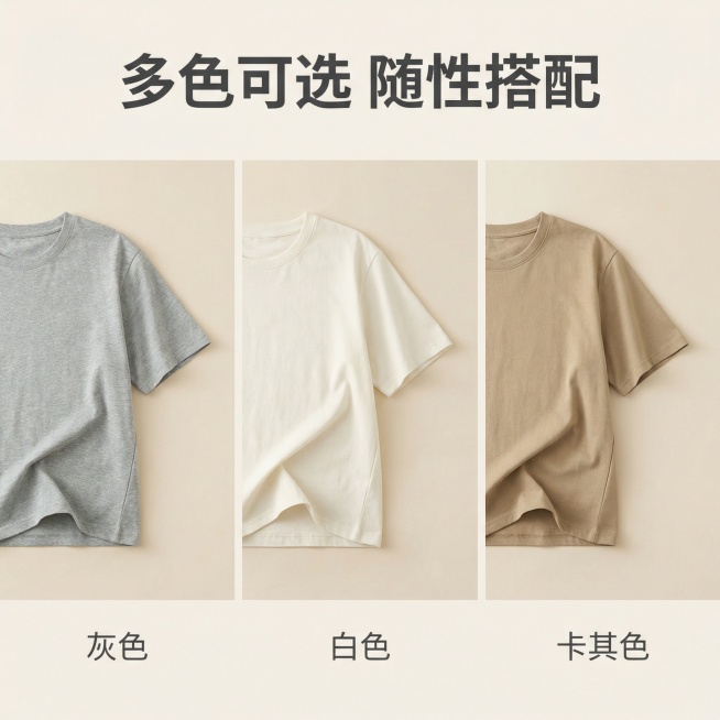 [主图主题] 女士宽松短袖T恤 多色可选展示
[氛围/风格] 韩式慵懒休闲风，简约清新，柔和光影
[画面元素] 拼图布局，三张不同颜色同款T恤（灰色/白色/卡其色）的平铺局部展示，三张图横向排列，每个预览效果