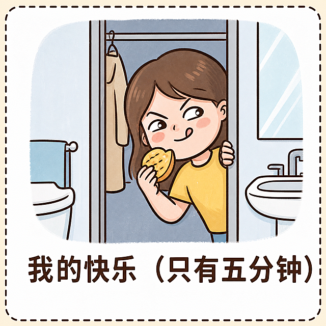 提取出第十四张表情包，内容是宝妈在厕所偷乐只有五分钟，保留完整的图案和文字我的快乐（只有五分钟），背景保持室内浅色调，正方形尺寸，清晰度不变，保留虚线边框