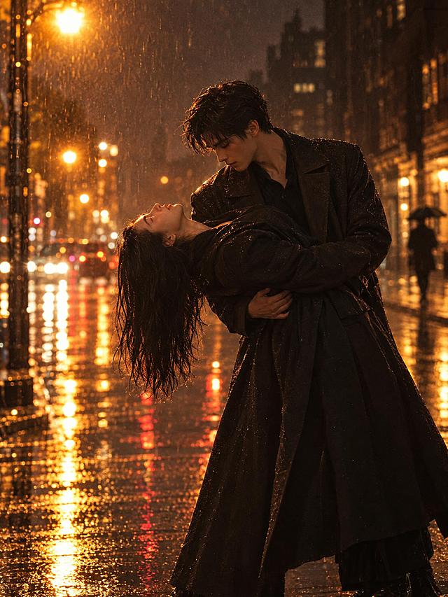 竖版3:4电影感写实静帧，雨夜城市的暖琥珀色与深咖色，复古35mm胶片颗粒、柔焦、轻微雨丝。湿润柏油路反射成片橙黄路灯和模糊车灯；一位二十多岁的年轻男生穿深色长风衣，站在画面中央偏右，双臂稳稳托住穿黑色长外套的年轻女生。女生身体大幅后仰，头发垂向左下方，脸朝向细雨和灯光；男生低头望着她，画面具有舞蹈定格般的力量与浪漫。背景有失焦路灯、暗色建筑轮廓和一位远处行人剪影。画面中不要任何文字、不要标题、不要字幕、不要Logo、不要水印。超高清2K画质，细节丰富。