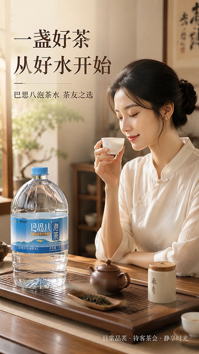 [第5屏] 模特展示屏 - 茶艺品茶生活方式场景。本屏使用【图1】作为场景中产品。
[氛围/风格] 雅致生活方式风，东方女性品茶场景，宁静惬意，商业摄影质感。
[元素布局] 画面右侧为一位亚洲优雅女性（肩部以上+半身入镜），侧脸专注品茶，手持白瓷茶杯，神情放松愉悦；左侧茶席上放置巴思八泡茶水大瓶，占比约30%，旁边有紫砂壶、茶则、茶叶罐等茶具；背景为简约中式空间，木色家具，柔和自然光从窗而入；瓶身外观与输入图一致。
[光影质感] 窗边柔和自然光，人物面部光影柔和，茶具温润反光，整体暖调温馨。
[配色色系] 全局底色 #F8F4ED 暖米白；主色 #2B7CBE 产品蓝；辅助色 #D4B896 木色、#FFFFFF 瓷白。
[视角构图] 45°斜侧视角，人物与产品左右呼应，阅读动线左上标题 → 中部人物与场景 → 左侧产品。
[文字版式] 左上角大标题「一盏好茶 从好水开始」，副标题「巴思八泡茶水 茶友之选」，宋体风格标题字，深褐色；底部右侧小字「日常品茗 · 待客茶会 · 静享时光」三个场景标签；文字不遮挡人物面部和产品主体。
[比例分辨率] 9:16 竖版比例，4K 分辨率，文字清晰可辨，高清画质。
[负向提示词] 产品变形，人物面部扭曲，颜色偏差，水印，文字错乱，人物遮挡产品。