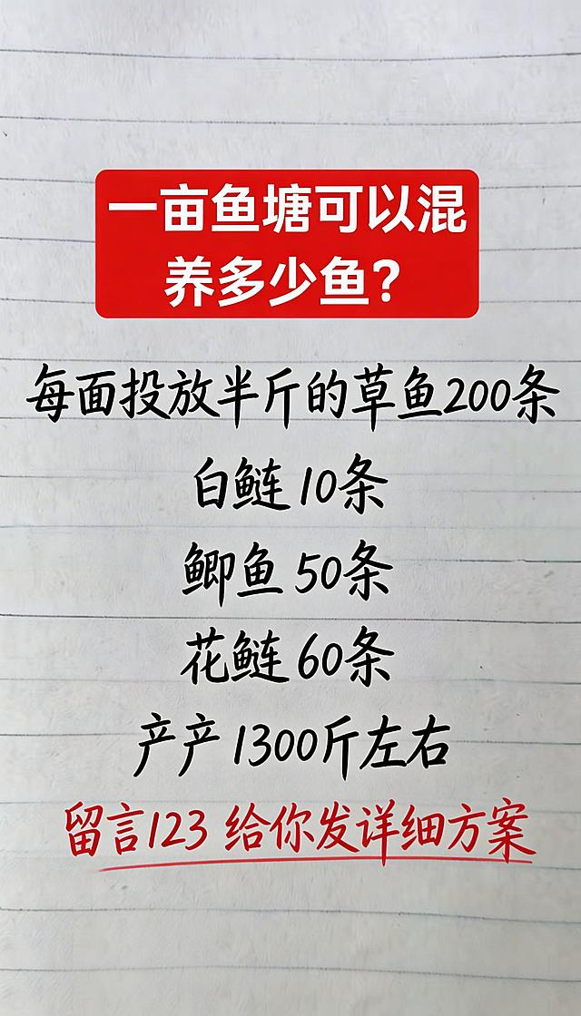 参照图片字体和颜色，替换内容为：[图1]一亩鱼塘可以混养多少鱼？每亩投放半斤的草鱼200条白鲢10条鲫鱼50条花鲢60条亩产1300斤左右留言123 给你发详细方案，排版布局合理，一字不差