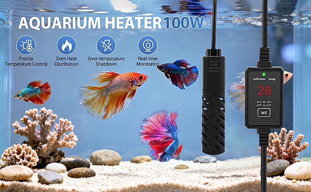 编辑这张水族加热器产品图，把图片内所有德语文字替换成对应的英文翻译，保持图片的原有布局、风格和所有其他元素不变：
大标题：AQUARIUM HEATER 100W
1. 第一个图标下方：Precise Temperature Control
2. 第二个图标下方：Even Heat Distribution
3. 第三个图标下方：Over-temperature Shutdown
4. 第四个图标下方：Real-time Monitoring