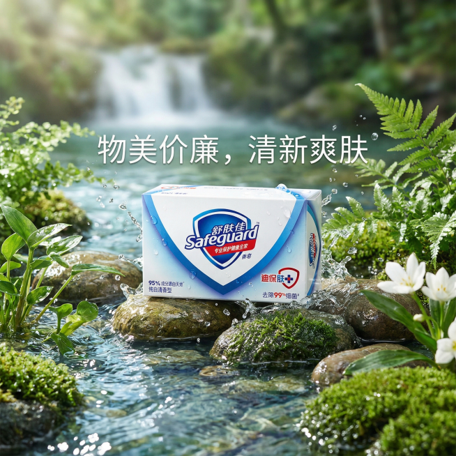 展示舒肤佳香皂放在清新水边场景，保留原包装盒品牌信息，添加文案'物美价廉，清新爽肤'，自然不突兀，尺寸800*800像素，高清质感，吸引消费者预览效果