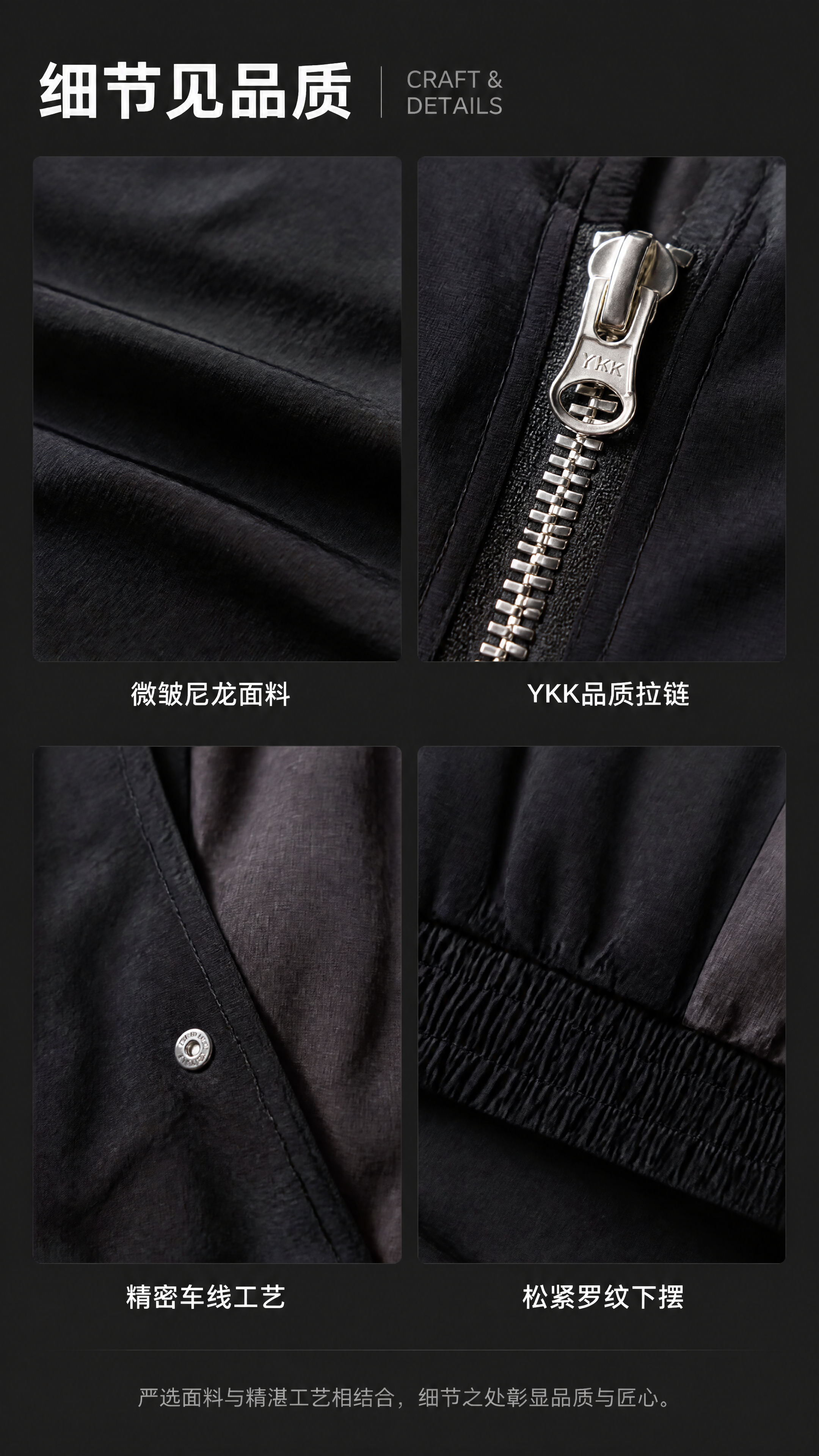 [第4张] 面料工艺细节页-黑灰拼色立领机能风夹克材质与工艺特… - 图片创意预览