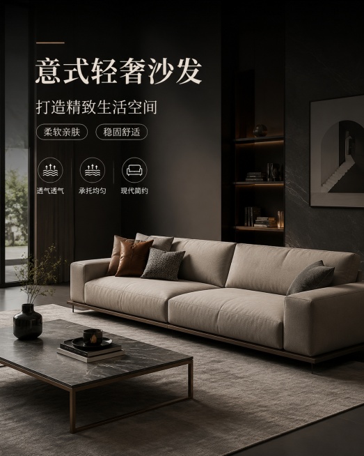 高端布艺直排沙发家具营销海报，主标题“意式轻奢沙发”，副标题“打造精致生活空间”，卖点标签“柔软亲肤”“稳固舒适”，卖点“透气透气”“承托均匀”“现代简约”。极简深色意式客厅场景，岩板茶几搭配金属线条预览效果