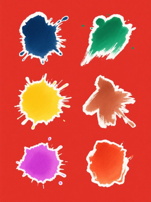 一套由六个完全不同造型的东方水墨泼墨元素组成的系列素材集合，每个泼墨元素均保持原始的毛笔笔触质感、边缘飞白效果和自然晕染过渡，整体采用纯红色背景，元素色彩变换为深蓝、翠绿、明黄、赭石、粉紫、橙红，所有元素以规整的两行三列网格形式排布，画面中无任何文字、LOGO、二维码及电话地址等信息，保持简洁纯粹的视觉呈现。预览效果