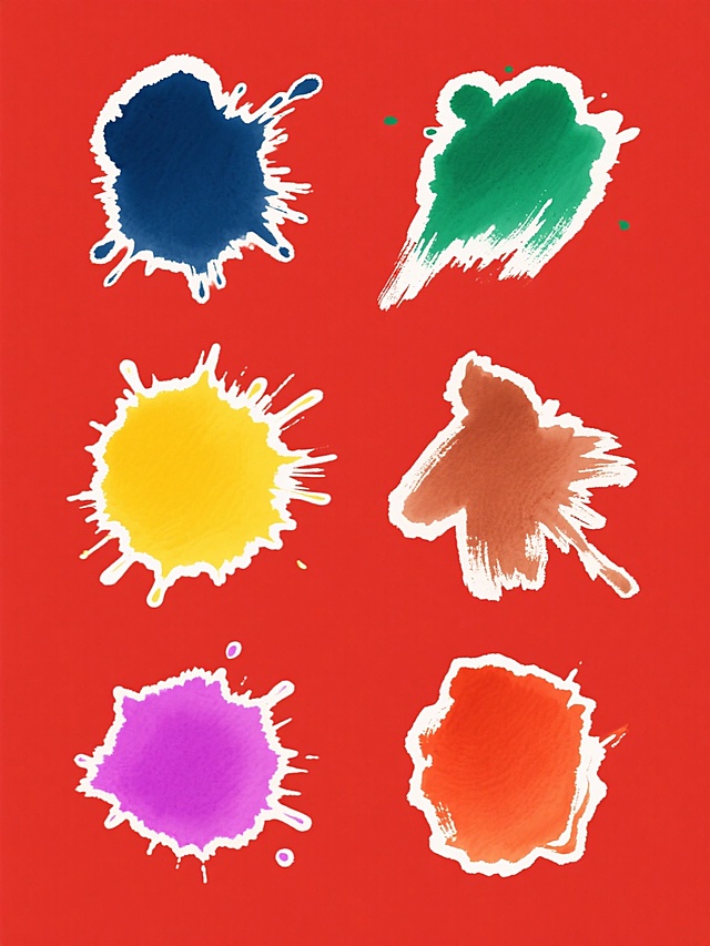 一套由六个完全不同造型的东方水墨泼墨元素组成的系列素材集合，每个泼墨元素均保持原始的毛笔笔触质感、边缘飞白效果和自然晕染过渡，整体采用纯红色背景，元素色彩变换为深蓝、翠绿、明黄、赭石、粉紫、橙红，所有元素以规整的两行三列网格形式排布，画面中无任何文字、LOGO、二维码及电话地址等信息，保持简洁纯粹的视觉呈现。