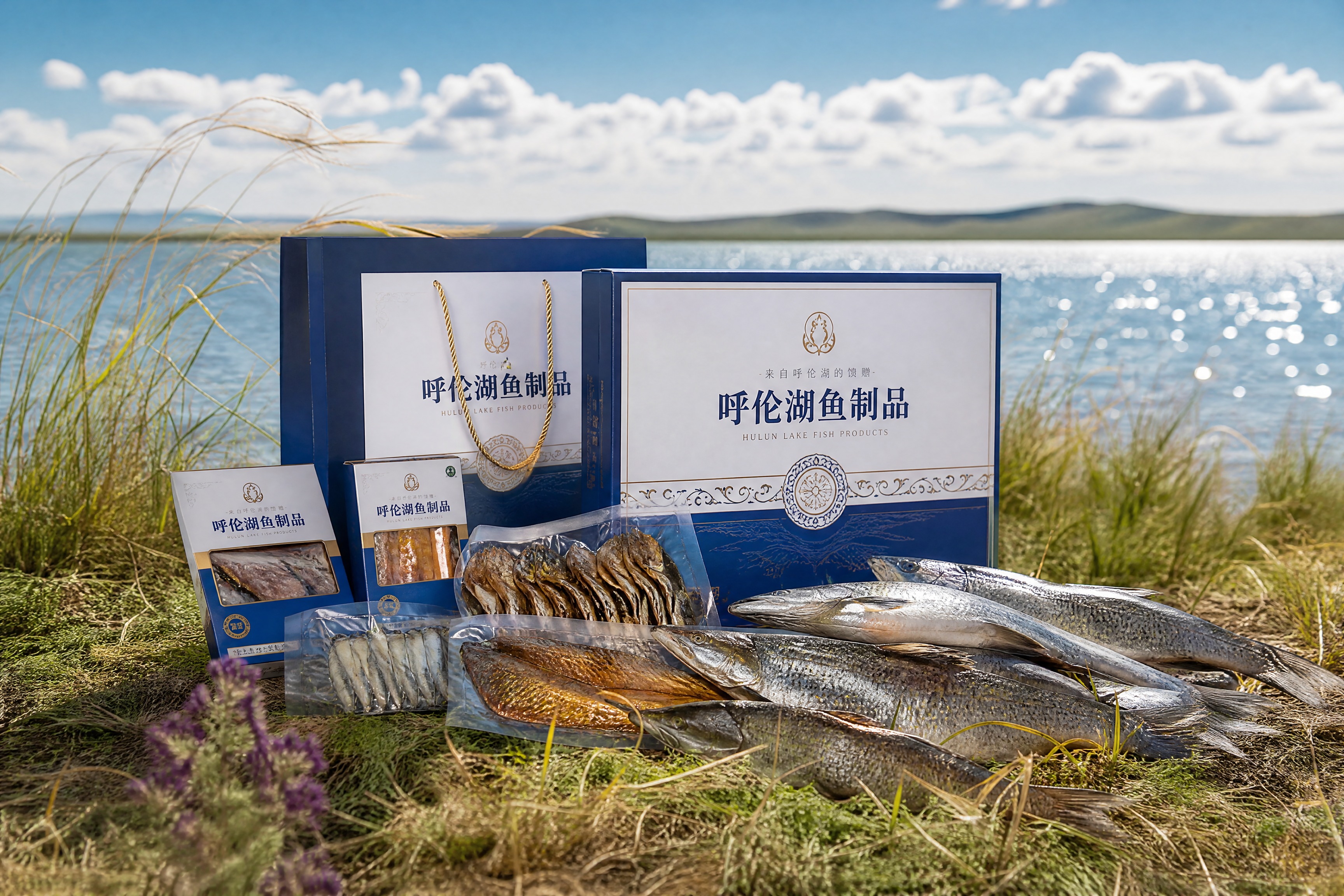 呼伦湖鱼制品文创宣传图，画面中央摆放着精美的鱼制品礼盒，包含风… - 图片创意预览