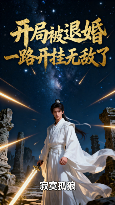 中国古典玄幻风格小说封面，一位白衣飘飘的年轻男子，气质冷峻超然，背景是漫天星河与古老的剑冢遗迹，剑光如虹，深蓝黑色夜空背景，金光剑意四溢，史诗级别，电影海报质感，上方标注小说名"开局被退婚一路开挂无敌预览效果