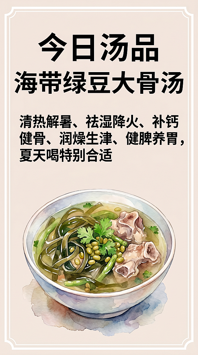 参考图风格，食堂汤品介绍海报，水彩手绘风格，上方大字标题是"今日汤品 海带绿豆大骨汤"，下方文字介绍：清热解暑、祛湿降火、补钙健骨、润燥生津、健脾养胃，夏天喝特别合适，下方展示一碗盛好的海带绿豆大骨汤，干净简洁浅米色背景