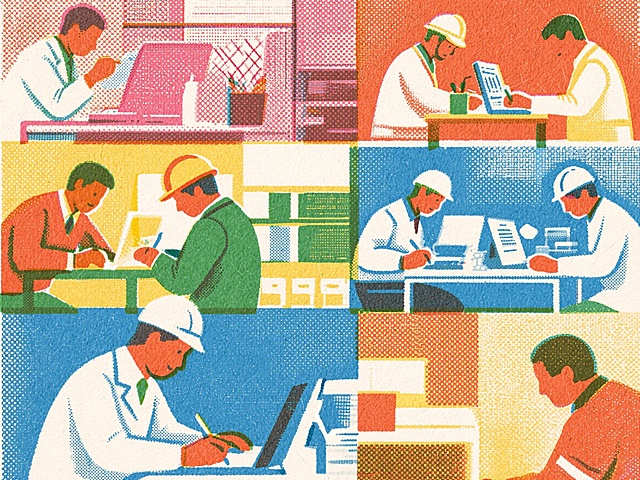 海报主题为职业道德促进社会发展，无文字，画面展现不同行业的从业者们坚守岗位认真工作的场景，体现各行各业对社会发展的重要支撑作用，整体氛围积极温暖