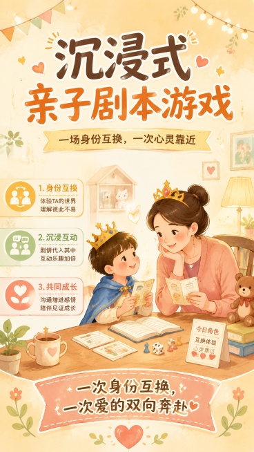 插画风格沉浸式亲子剧本游戏活动宣传海报，整体采用暖温馨的插画配色，风格柔和治愈，版式精美。主标题文字是"沉浸式亲子剧本游戏"，副标题文字是"一场身份互换，一次心灵靠近"，卖点文字是1."身份互换" 2预览效果