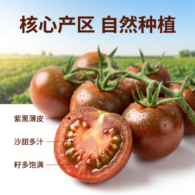 [主图-2] 黑珍珠番茄核心亮点展示图
[氛围风格] 自然产地溯源风，真实可信
[画质] 商业摄影质感，光线柔和通透，产品清晰真实，画面干净高级
[元素] 一颗切开的黑珍珠番茄展示在前方，露出沙甜多汁预览效果