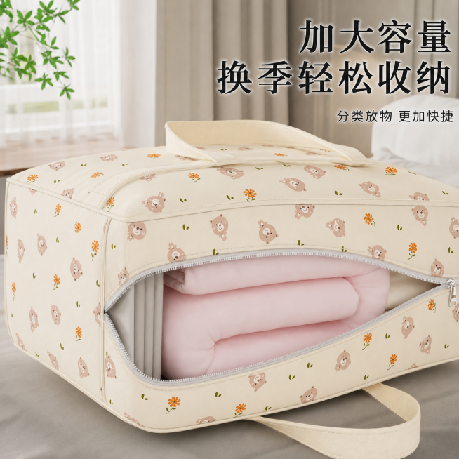 将第一张图片收纳袋的花色换成第二张图的小熊加橙色小花款式，保持收纳袋打开装有粉色被子的原构图和姿势，保持画面清晰整洁，调整好图案花色的细节，保留文字'加大容量 换季轻松收纳 分类放物 更加快捷'预览效果