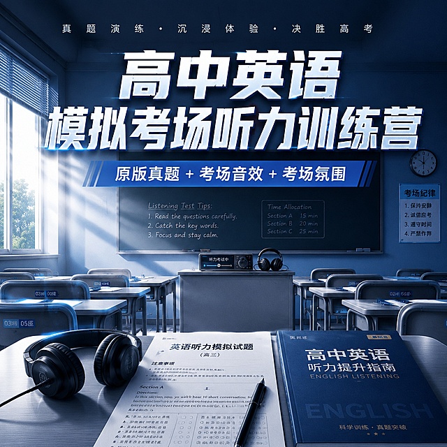 高中英语模拟考场听力训练营宣传图，深蓝色主色调，考场氛围浓厚。画面中央有醒目的大字标题"高中英语模拟考场听力训练营"，下方有副标题"原版真题+考场音效+考场氛围"。背景是整齐排列的课桌椅，前方有黑板和英语听力播放设备，阳光从窗户洒入教室，营造严肃认真的考试氛围。画面中可以看到耳机、试卷、英语课本等元素，整体风格专业、权威、有学习感。