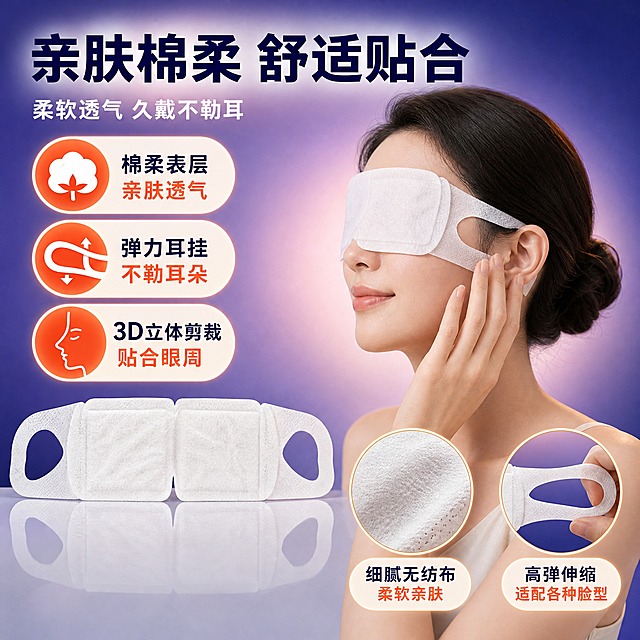 [主图-3] 材质与佩戴舒适度展示图 花王美舒律蒸汽热敷眼罩 亲肤棉柔材质+耳挂贴合设计 淘宝天猫1:1方图。
[统一基调] 深蓝紫渐变背景 粗黑体主标题 橙红+暖黄强调色 圆角胶囊卖点 底部反射台面 与首图视觉统一。
[画面主体] 画面右侧为一位28-32岁东亚女性侧脸 闭眼佩戴白色蒸汽眼罩 手轻轻扶着眼罩耳挂处 展示佩戴状态。画面左下方有一片展开的蒸汽眼罩平铺 展示完整形态和材质。人物与首图模特为同一位 保持外观一致。
[构图版式] 右人物左说明的左右结构 右侧人物占约55% 左侧材质说明和单片展示占约45%。顶部主标题区 底部有材质细节放大图。
[场景元素] 背景为深蓝紫渐变 带柔和光晕。眼罩旁有放大的材质纹理圆形特写框 展示棉柔无纺布的细腻纹理。耳挂处有放大细节框 展示弹性耳挂设计。左侧有3组圆角卖点卡片 分别说明材质、耳挂、贴合度。底部浅灰色反射台面。
[文案版式] 顶部主标题"亲肤棉柔 舒适贴合" 深蓝色粗黑体 字号最大。副标题"柔软透气 久戴不勒耳" 白色小字。左侧3组卖点卡片：第一组图标为棉花 配文"棉柔表层 亲肤透气"；第二组图标为弹性耳挂 配文"弹力耳挂 不勒耳朵"；第三组图标为人脸侧面轮廓 配文"3D立体剪裁 贴合眼周"。材质放大框旁有小字"细腻无纺布 柔软亲肤"。耳挂放大框旁有小字"高弹伸缩 适配各种脸型"。
[光影质感] 商业摄影质感 柔光效果 人物面部光线柔和自然 眼罩材质呈现棉柔哑光质感 纹理细腻可见。单片眼罩平铺展示 褶皱自然 体现柔软度。整体光线温暖柔和 阴影过渡自然。
[配色字体] 主色深蓝紫 辅助色暖橙米白 强调色白色。字体统一粗黑体 层级分明。
[比例分辨率] 1:1正方形 2K分辨率 文字清晰可辨。
[负向提示词] 人物面部扭曲 手指畸形 穿模 产品变形 重绘 错字 水印 医疗功效暗示 夸张效果。
