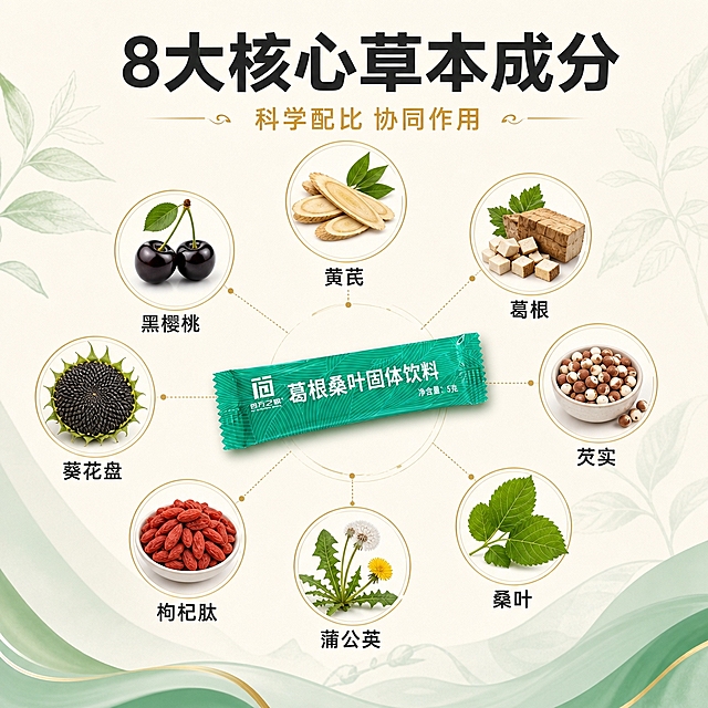 [主图-2] 核心成分展示 8大草本原料介绍
[统一基调] 国内电商食品保健风格 整体清透专业 主色为翡翠绿+金色+白色 标题字用粗黑体白色 辅助文字用深灰色 强调色用金色 字体统一无衬线黑体 卡片用圆角半透明白底 图标用线性简约风格
[画面] 画面中央偏上位置放置1条绿色小袋产品 占画面25% 周围环绕8种核心原料的精美图标或实物小图 按顺时针排列 黄芪 葛根 芡实 桑叶 蒲公英 枸杞肽 葵花盘 黑樱桃 每种原料配一个圆形金色边框小图 用细线连接到中心产品 形成放射状成分矩阵 背景为浅米色搭配淡绿色草本纹理
[光影质感] 商业摄影质感 均匀柔和布光 每个成分图标清晰明亮 产品小袋有自然光泽
[配色] 背景浅米色 产品翡翠绿 成分图标多彩自然 文字深灰+金色点缀
[文字版式] 顶部大标题"8大核心草本成分" 深灰色粗黑体 下方小字"科学配比 协同作用" 金色 每个成分图标下方标注成分名称 小号深灰色字体 整体排版对称均衡
[输出要求] 1:1比例 文字清晰 成分名称准确 产品清晰 无变形 无错字