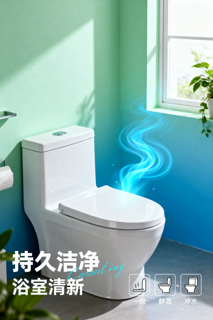 杂志风高级商业大片，画面展示洁净明亮的浴室全景一角，白色马桶光洁如新，表面无任何污渍，马桶周围空气中有清新的蓝色光晕和香气扩散的波浪线条。浴室窗边有绿植点缀，光线柔和明亮。画面底部有简洁的使用步骤图标预览效果