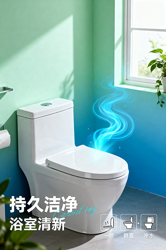 杂志风高级商业大片，画面展示洁净明亮的浴室全景一角，白色马桶光洁如新，表面无任何污渍，马桶周围空气中有清新的蓝色光晕和香气扩散的波浪线条。浴室窗边有绿植点缀，光线柔和明亮。画面底部有简洁的使用步骤图标（一喷、静置、冲水），采用极简线条风格。无产品实物出现。主标题“持久洁净”采用无衬线粗体字，位于画面左下角，副标题“浴室清新”采用纤细手写体，紧贴主标题右侧形成并列关系。画面右下角放置使用步骤图标，与左下角文字形成对角线平衡。背景为蓝色渐变，光线柔和明亮，画面干净通透，清新自然、简约风格，主色调浅绿色。禁止出现模糊、像素化、色彩失真，禁止产品实物出现，禁止杂乱背景，禁止文字排版混乱，禁止比例失调。