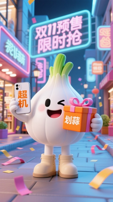 主视觉为拟人化白色大蒜角色，绿色蒜叶头发，左手拿着一部iPhone手机（手机上写着“超机”文字），右手抱橙色礼盒（系粉色蝴蝶结，正面 “划蒜” 文字），俏皮眨眼大笑表情，脚踩浅色短靴，背景是时尚商业街预览效果