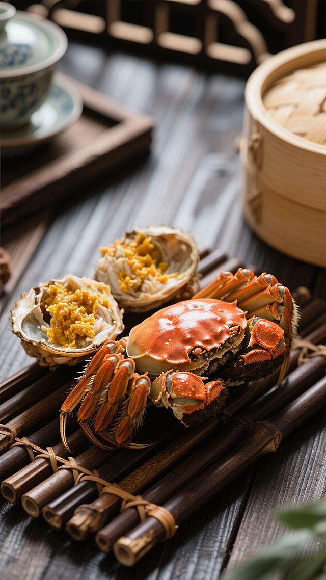 高角度俯拍视角，特写清蒸大闸蟹，部分蟹壳打开露出金黄饱满的蟹黄和细腻的蟹肉，橙红色的蟹壳光泽油亮，蟹腿粗壮肉质饱满，置于深色木纹桌面上，搭配竹制蒸笼和棕色竹排，背景有模糊的传统中式餐具，光线柔和偏暖，突出螃蟹的新鲜质感和诱人色泽，营造出精致的中式美食氛围，画面构图紧凑，色彩对比鲜明，细节清晰，食物纹理丰富。