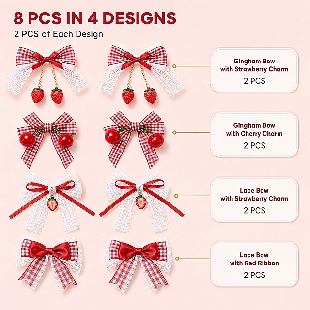 [主图-3] 商品名称 8 Pcs Red Gingham Bow Hair Clips with Cherry & Strawberry Charms, Lace Ribbon Hair Accessories。唯一任务：款式与数量说明图，讲清 8 件 4 款各 2 件。
[统一基调] 背景主色柔粉奶白到浅粉，主标题统一现代几何无衬线粗体深樱桃红，辅助文字同族无衬线中黑深灰，强调色浅金与纯白，组件统一白色半透明圆角卡片配浅粉细描边与浅金细引线，全套只用这一套字体与色阶。
[画面] 正俯视视角，浅粉渐变背景上 8 件发夹按 4 组对角线流式错落排列，与首图网格版式明显不同：第 1 组两件红白格纹蝴蝶结配白色蕾丝与金色链条草莓吊坠，右侧标签卡写 Gingham Bow with Strawberry Charm 2 PCS；第 2 组两件格纹蝴蝶结配双樱桃吊坠，标签卡写 Gingham Bow with Cherry Charm 2 PCS；第 3 组两件白色蕾丝蝴蝶结配红色缎带与草莓吊坠，标签卡写 Lace Bow with Strawberry Charm 2 PCS；第 4 组两件格纹蝴蝶结配白色蕾丝边与红色缎带中结，标签卡写 Lace Bow with Red Ribbon 2 PCS。标签卡由浅金细引线连到对应产品，不出现 SKU 字样也不叠加其他卖点。产品外观结构材质颜色与输入图完全一致，每件完整不裁切、吊坠不缠绕。
[光影质感] 柔和棚拍顶光，轻微接触影，格纹织纹与金属链条高光清晰。
[配色] 沿用统一基调，浅粉背景配白色卡片。
[文字版式] 左上主标题英文 8 PCS IN 4 DESIGNS，字号最大最粗；下方副标 2 PCS of Each Design 缩小一半以上；文案不分竖排、无逗号、词组用空格或断行。
[输出要求] 1:1 方形 2048x2048，数量准确为 8 件，文字清晰无错字。负向：产品变形、数量错误、模糊、错字、中文文字、水印、平台 Logo、杂乱背景。