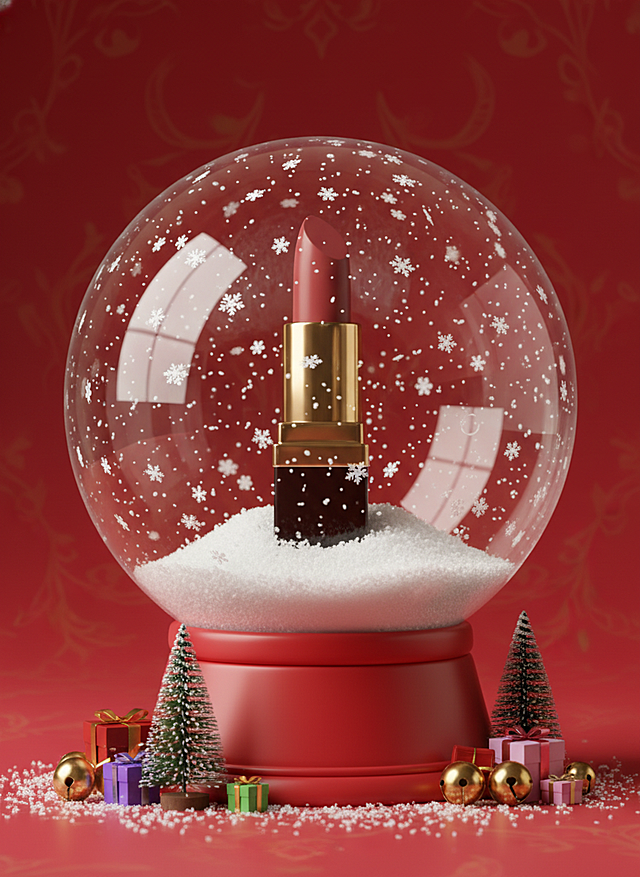3D玻璃风雪景球内，红唇膏立于雪中，雪花粒子飘落，重拟物质感融合喜庆圣诞元素，营造梦幻温馨节日氛围。